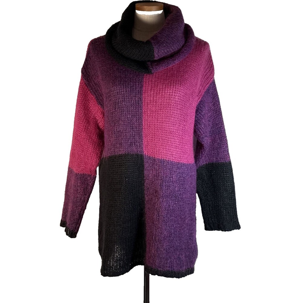CHELSEA YOUNG MOHAIR SWEATER  Large Cowl Neck Black Pink Purple Colorblock 90s